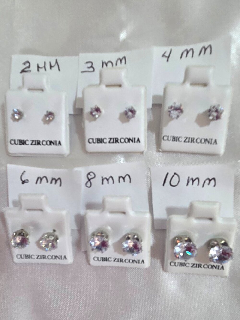 Silver Tone Cubic Zirconia Stud Earrings – Multiple Sizes 2mm–10mm